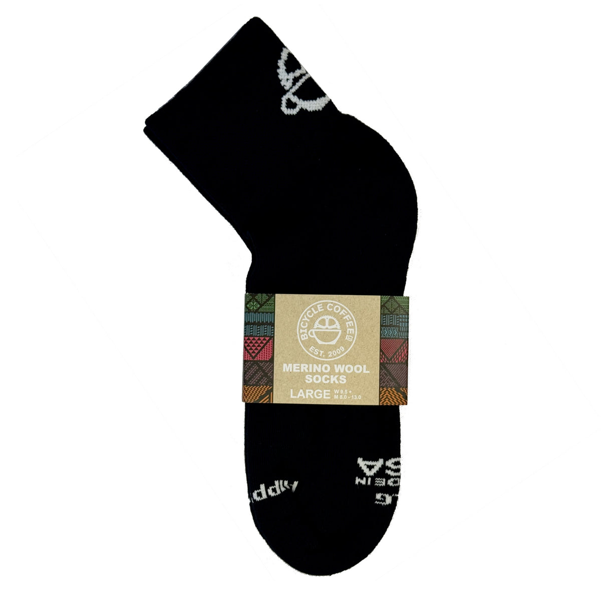 Black Bicycle Coffee merino wool socks with branded cardboard sleeve showing size Large and colorful textile-inspired border.