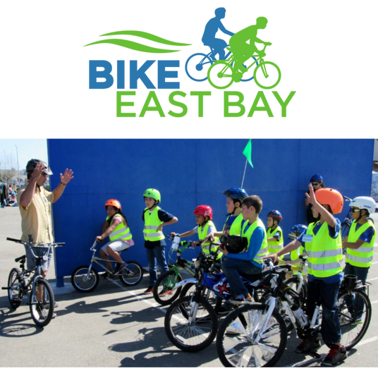 Children on bicycles with instructors, featuring the Bike East Bay logo.