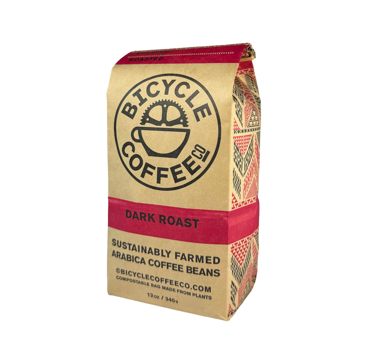Bicycle Coffee Dark Roast 12oz bag, red label, angled side view