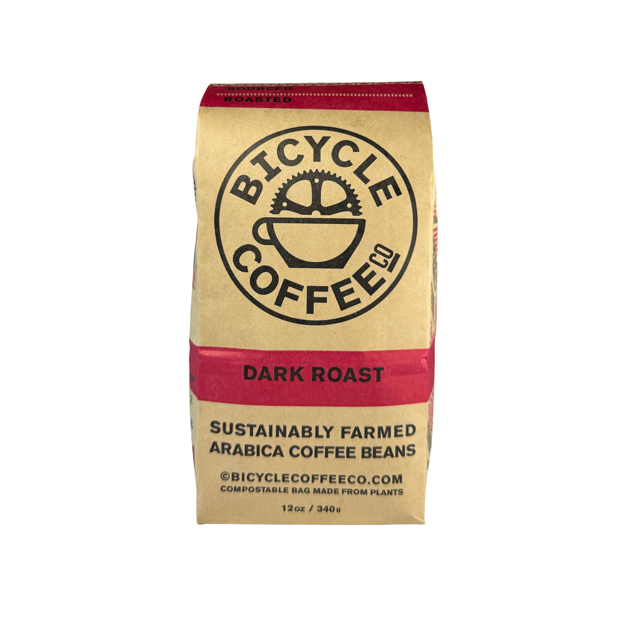 Bicycle Coffee Dark Roast 12oz bag, red label, front view