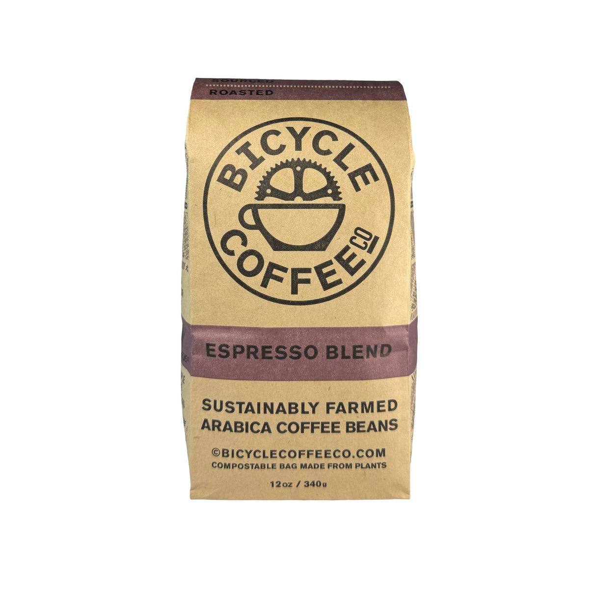 Bicycle Coffee Espresso Blend 12oz bag, purple label, front view