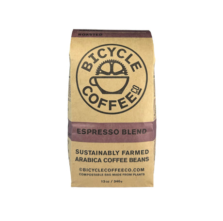 Bicycle Coffee Espresso Blend 12oz bag, purple label, front view