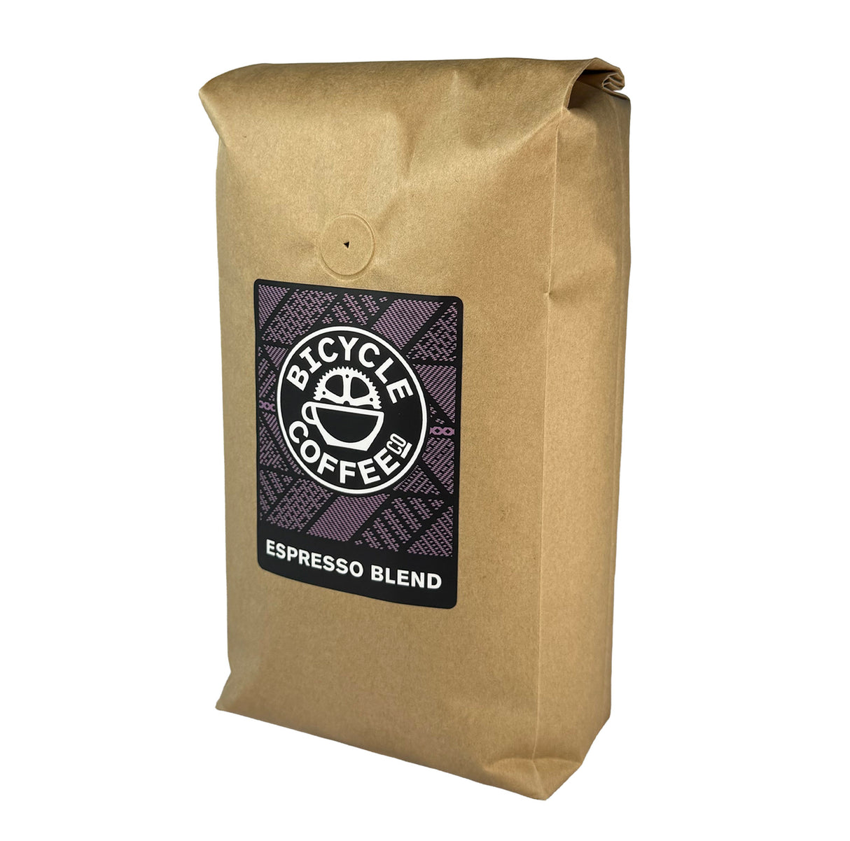 Bicycle Coffee Espresso Blend 2.5lb bag, purple label, angled side view
