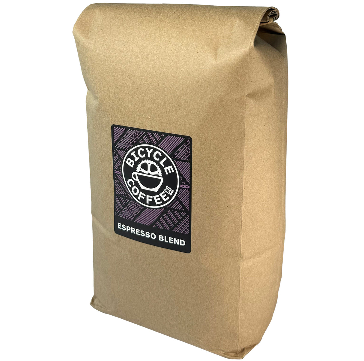 Bicycle Coffee Espresso Blend 5lb bag with purple label, angled side view