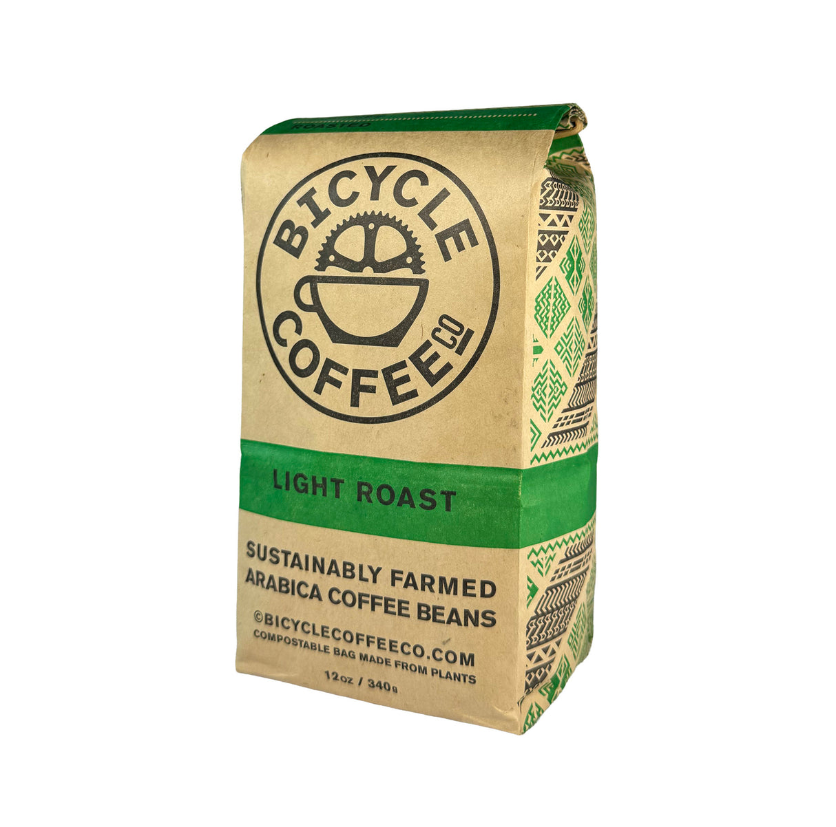 Bicycle Coffee Light Roast 12oz bag, green label, angled side view
