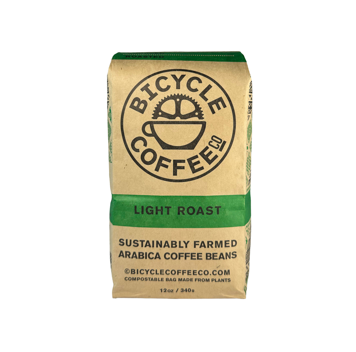 Bicycle Coffee Light Roast 12oz bag, green label, front view