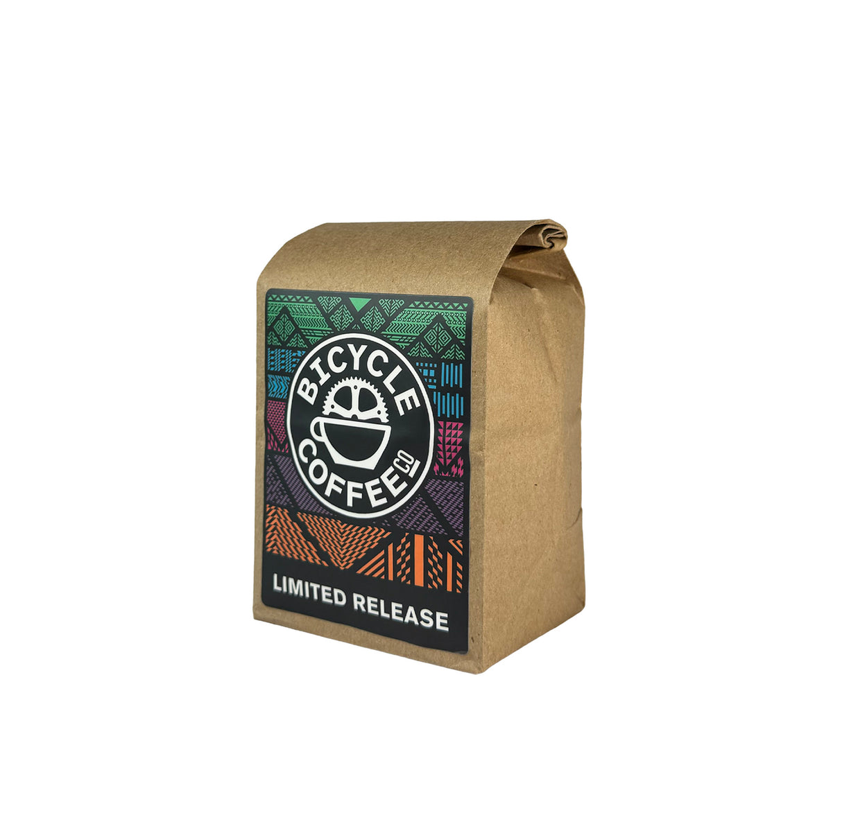 Bicycle Coffee Limited Release 8oz bag with multicolor pattern label, angled side view