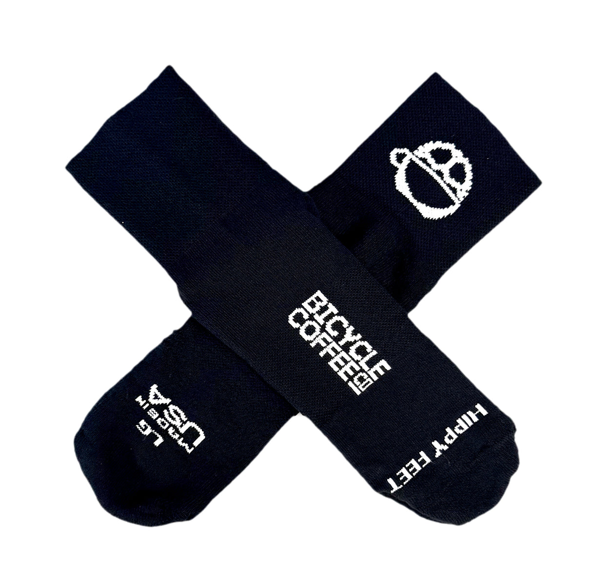 Black quarter crew socks featuring white Bicycle Coffee logo on the cuff and Hippy Feet branding on the foot, with ‘Made in USA’ text.