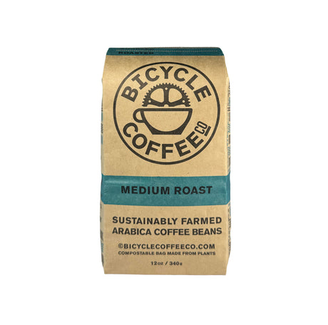 Bicycle Coffee Medium Roast 12oz bag, blue label, front view