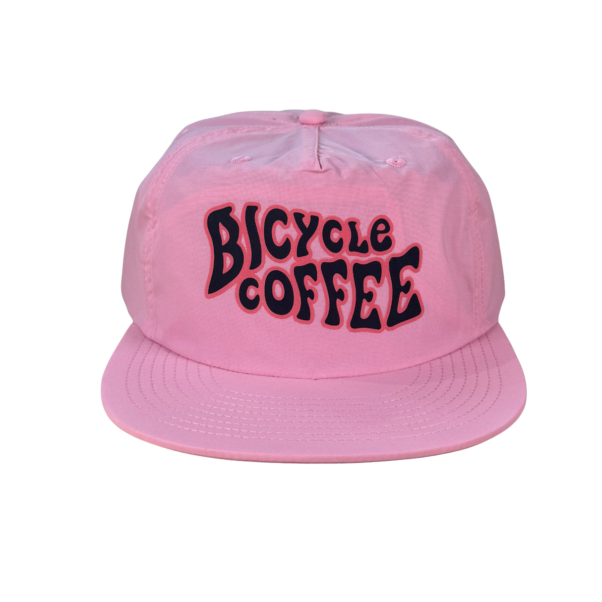 Pink Bicycle Coffee surf hat with stylized Steiner lettering in black and red.