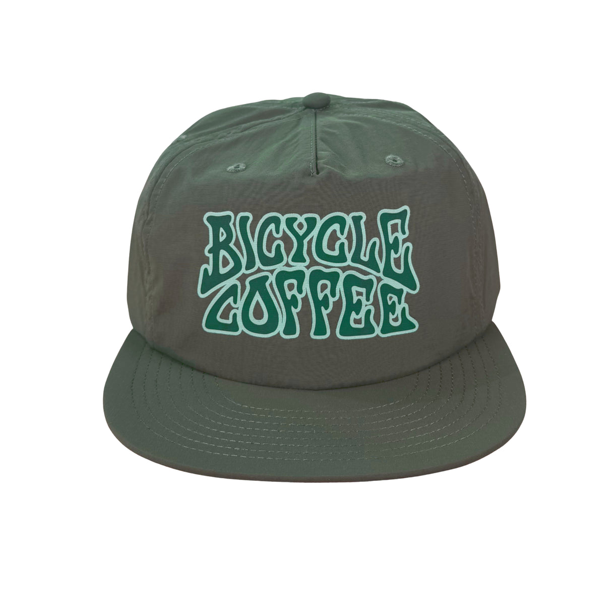 Cypress green Bicycle Coffee surf hat with stylized Steiner lettering in green and white.