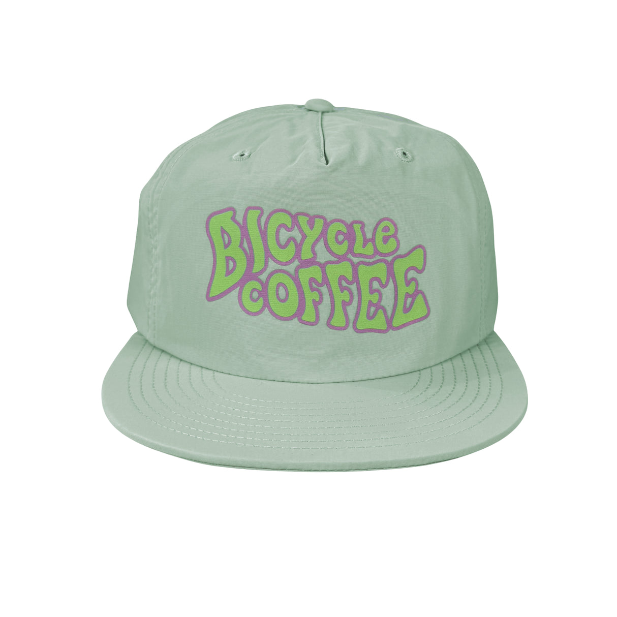 Mint green Bicycle Coffee surf hat with stylized Steiner lettering in purple and lime green.