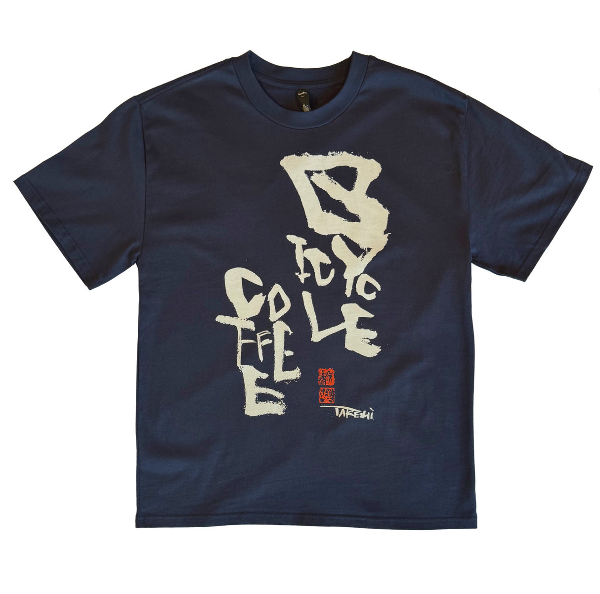 Navy blue T-shirt featuring bold white hand-painted lettering that spells ‘Bicycle Coffee’ in a stacked layout, with red Japanese-style stamps and the artist Takeshi’s signature.