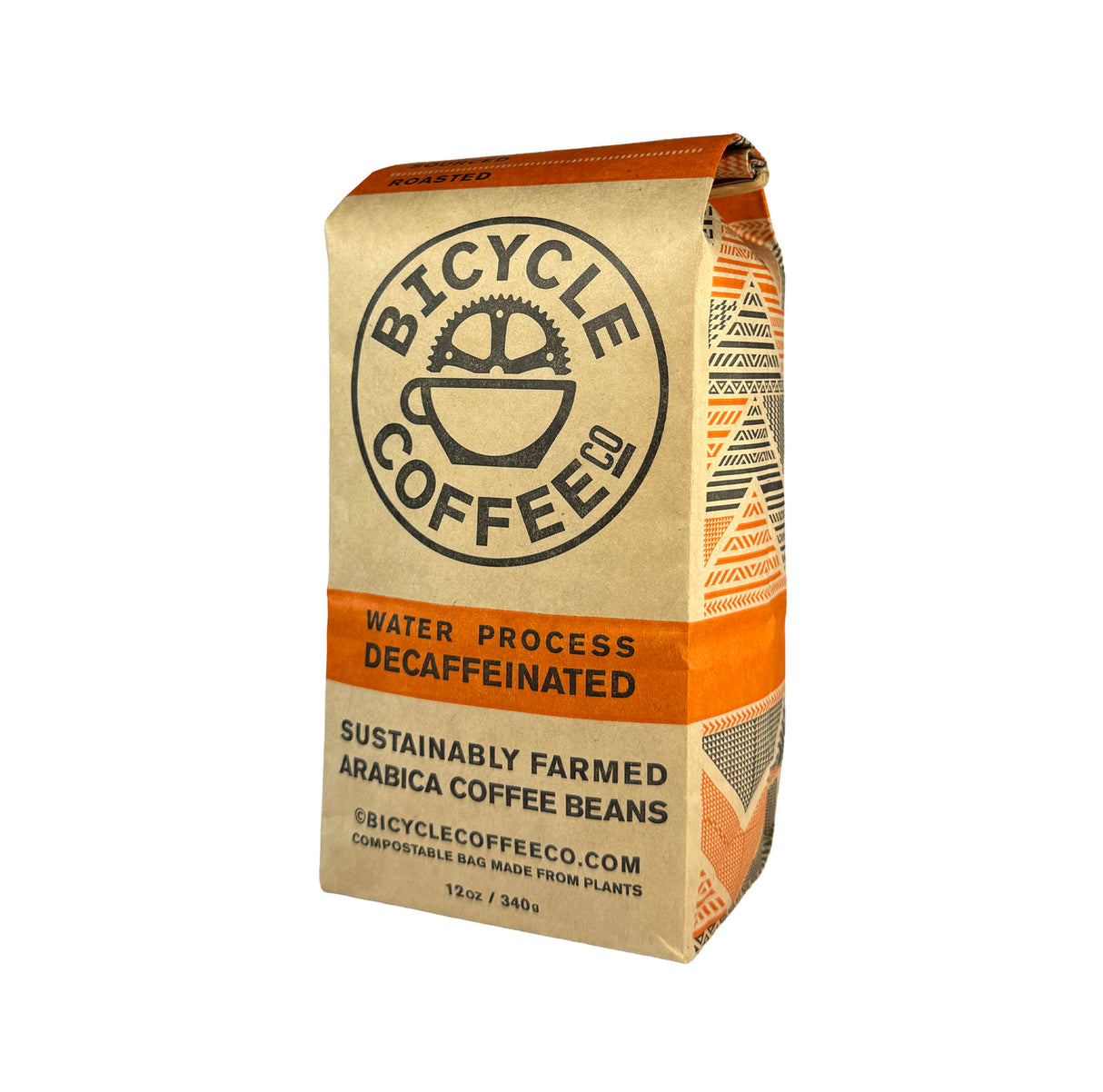 Bicycle Coffee Water Process Decaf 12oz bag, orange label, angled side view