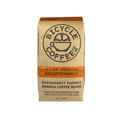 Bicycle Coffee Water Process Decaf 12oz bag, orange label, front view