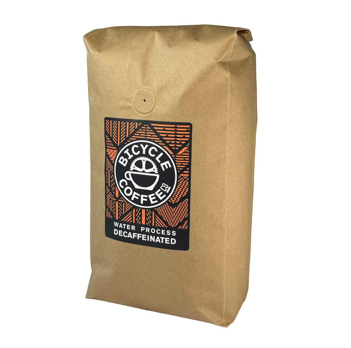 Bicycle Coffee Water Process Decaf 2.5lb bag, orange label, angled side view