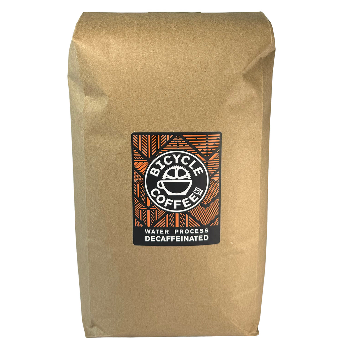 Bicycle Coffee Water Process Decaf 5lb bag with orange label, front view