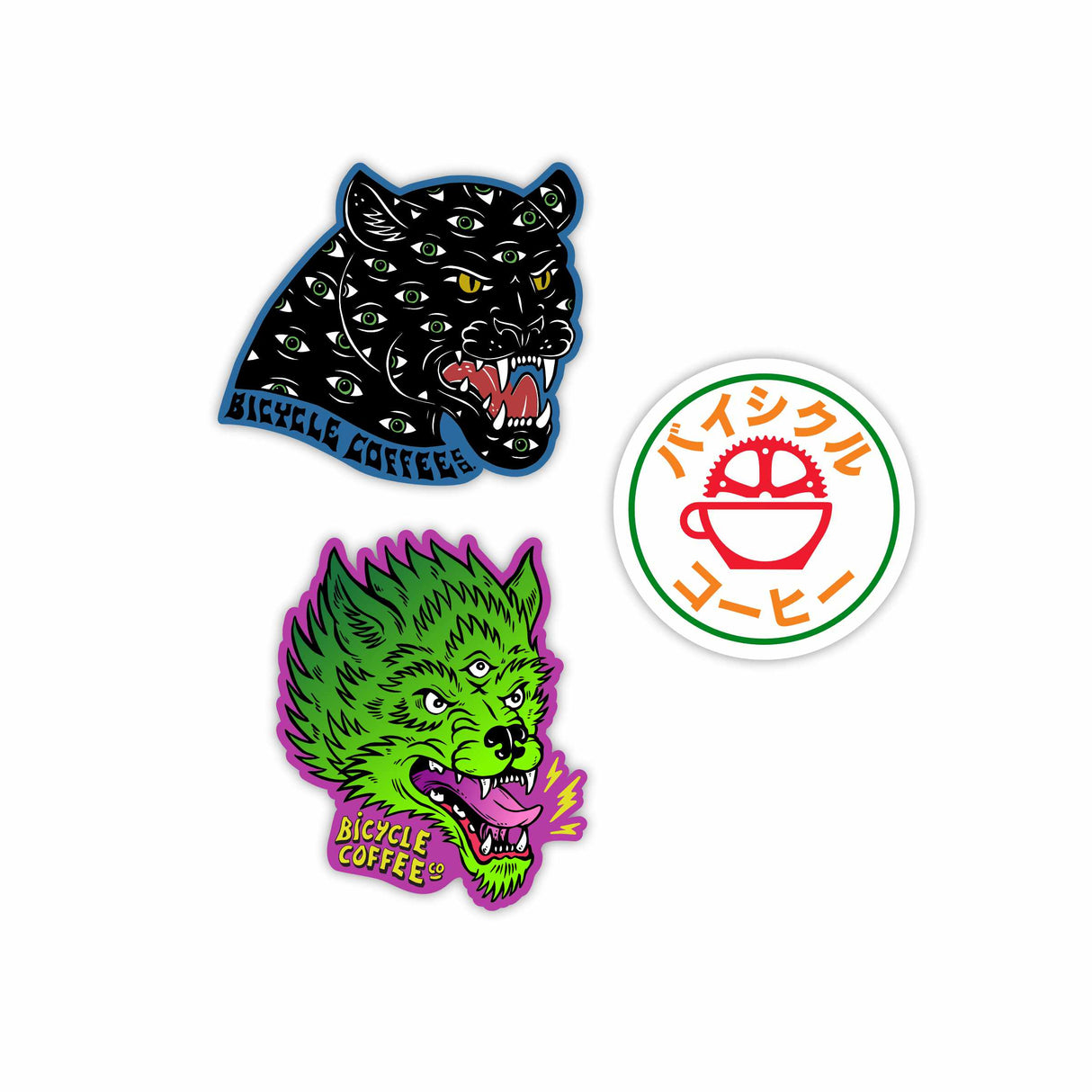 Set of three Bicycle Coffee stickers featuring artwork by illustrator Andrew Steiner: a black multi-eyed panther, a green three-eyed wolf, and a round logo with Japanese text and a red coffee cup gear design.