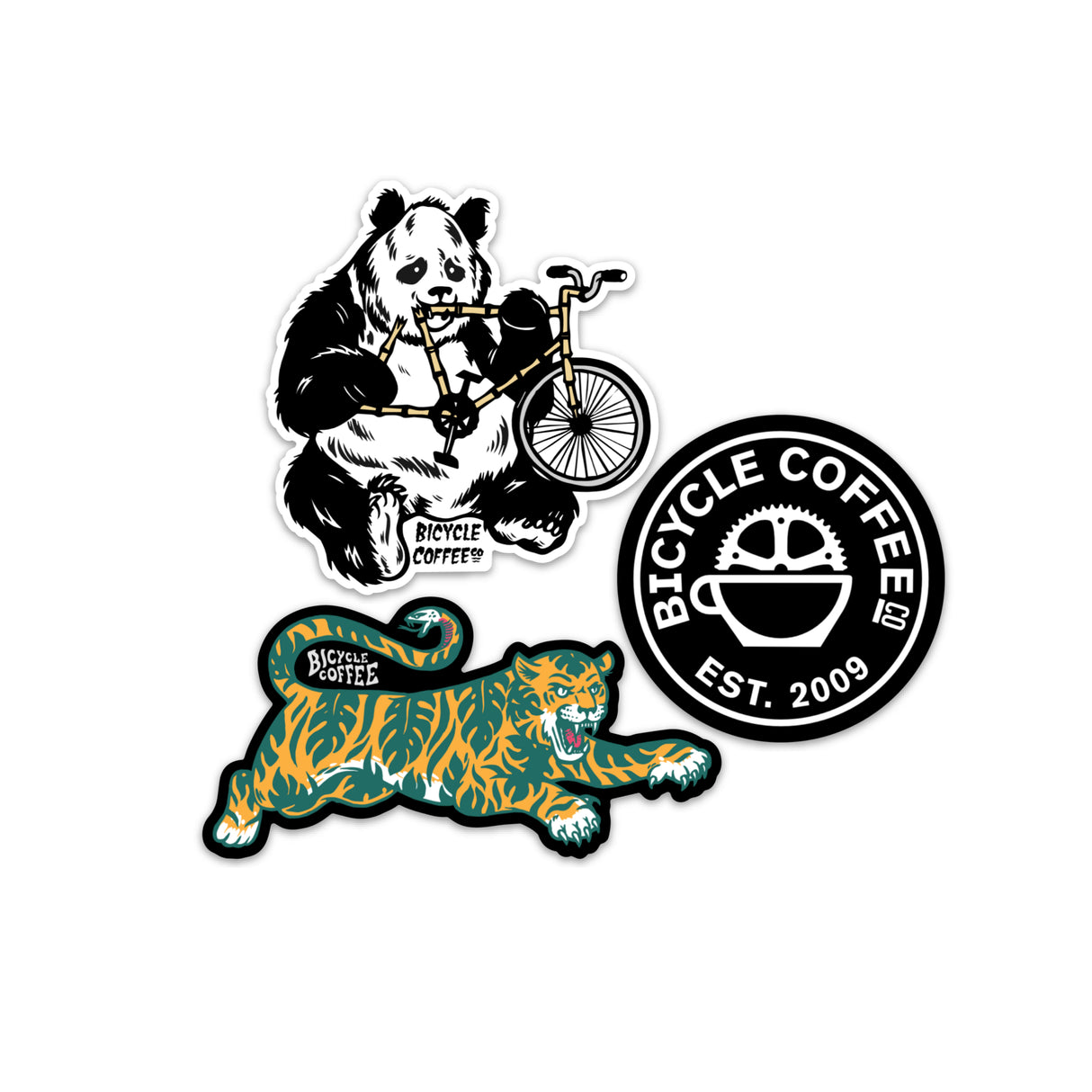 Set of three Bicycle Coffee stickers featuring artwork by illustrator Andrew Steiner: a panda holding a bicycle, a tiger with the Bicycle Coffee logo on its side, and a round black-and-white Bicycle Coffee logo reading “EST. 2009.”
