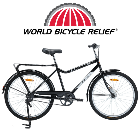 Black Buffalo bicycle with World Bicycle Relief logo on a white background