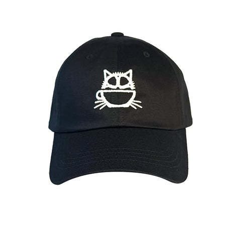 Black dad hat with white embroidered Bicycle Coffee cat logo on the front.