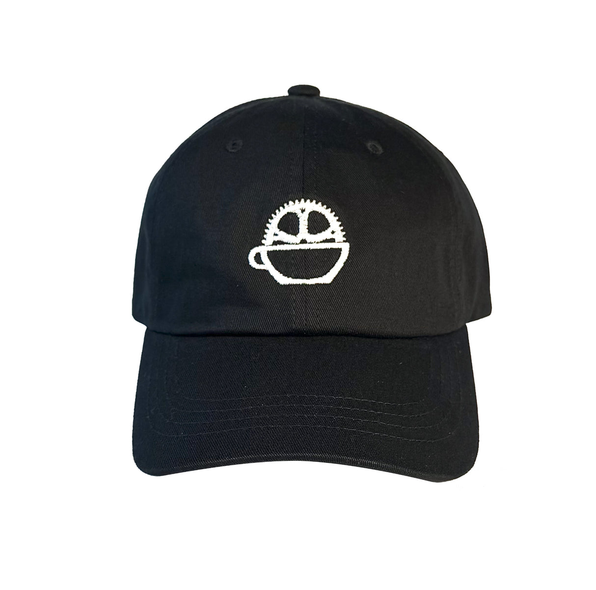 Black dad hat with white embroidered Bicycle Coffee logo featuring a coffee cup and bike gear.