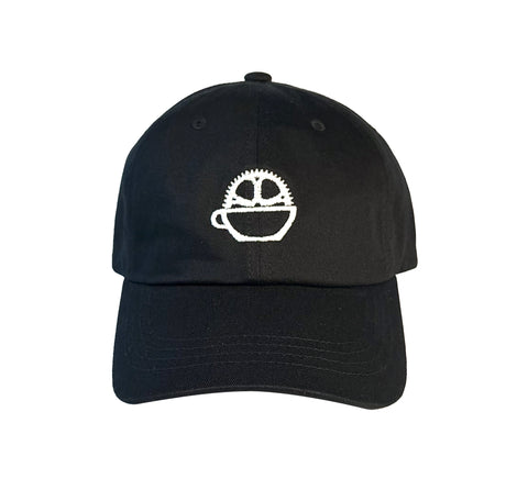 Black dad hat with white embroidered Bicycle Coffee logo featuring a coffee cup and bike gear.