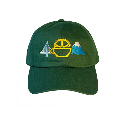 Green dad hat with embroidered design of the Bay Bridge, Bicycle Coffee gear-and-cup logo, and Mount Fuji.