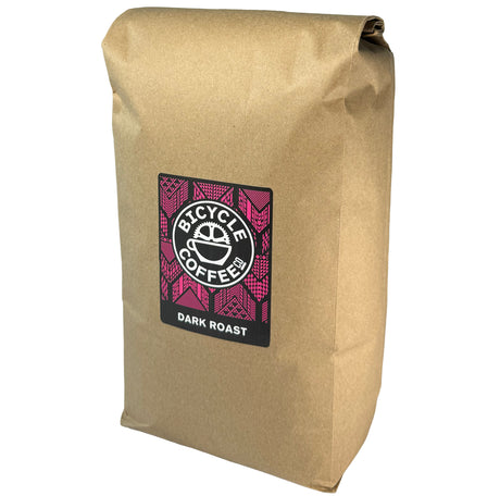 Bicycle Coffee Dark Roast 5lb bag with red label, angled side view