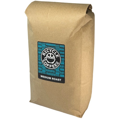 Bicycle Coffee Medium Roast 5lb bag with blue label, angled side view