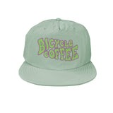 Mint green Bicycle Coffee surf hat with stylized Steiner lettering in purple and lime green.