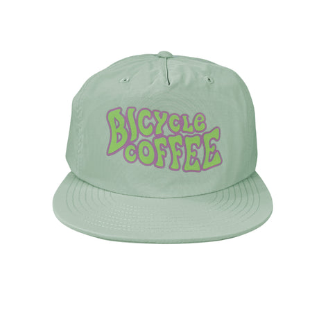 Mint green Bicycle Coffee surf hat with stylized Steiner lettering in purple and lime green.