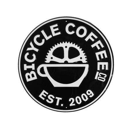 12-inch round tin tacker sign featuring the classic Bicycle Coffee logo.