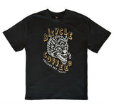 Black T-shirt featuring a white and gold graphic of a three-eyed wolf, with bold ‘Bicycle Coffee Co’ text and ‘Oakland and Tokyo’ printed below.