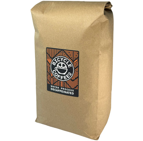 Bicycle Coffee Water Process Decaf 5lb bag with orange label, angled side view
